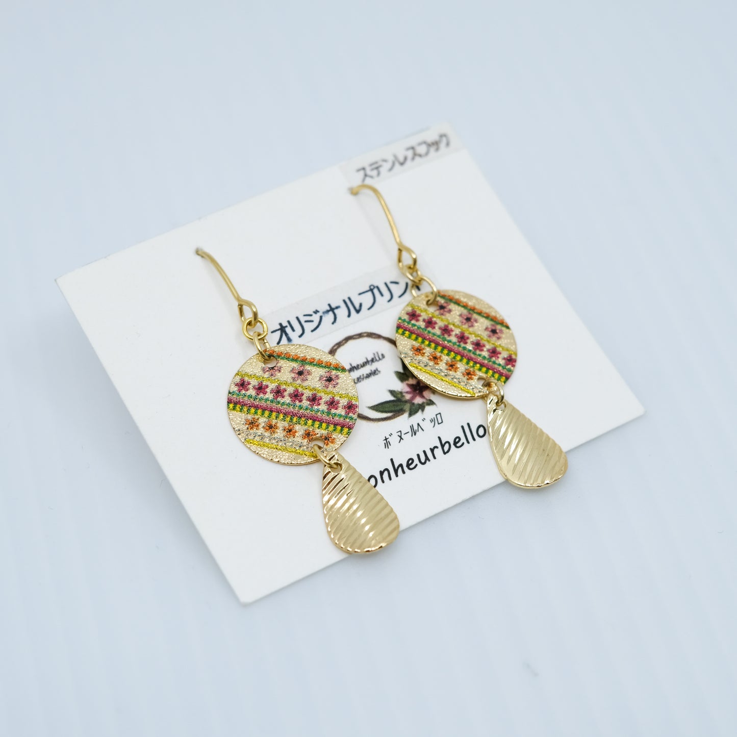 フラワーストライプ・ゴールドドロップ ピアス/イヤリング